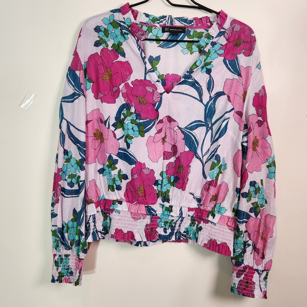 INC International Concepts Pink Floral Ruffle Blouse XL Metallic Thread Shimmer